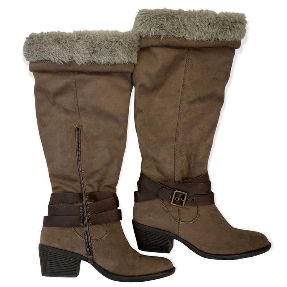 Sophie17 Tall Winter Boots, Faux Fur Trim, side zipper, decorative buckle, Sz 8 